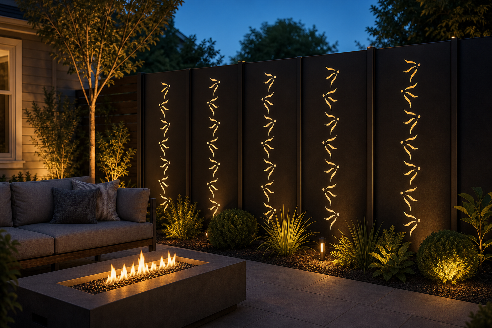 Design 124 Minimal Falling Leaves Laser Cut Metal Privacy Screen Panel installed garden night lighting view