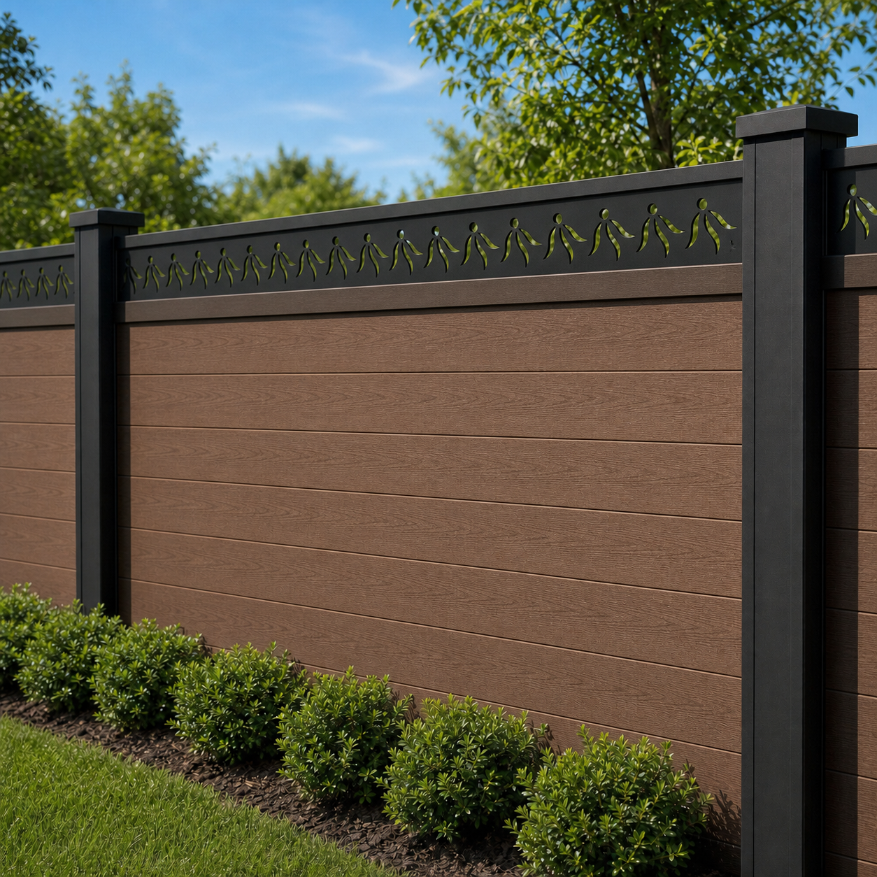 Single Branch Leaf laser cut fence extension panel installed on composite fence, angle view, Design 124