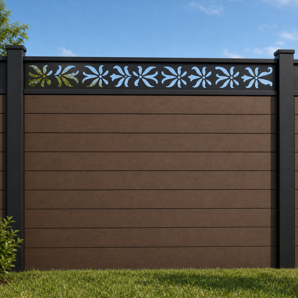 Single Branch Leaf metal fence topper installed above WPC composite privacy fence, front view, Design 124