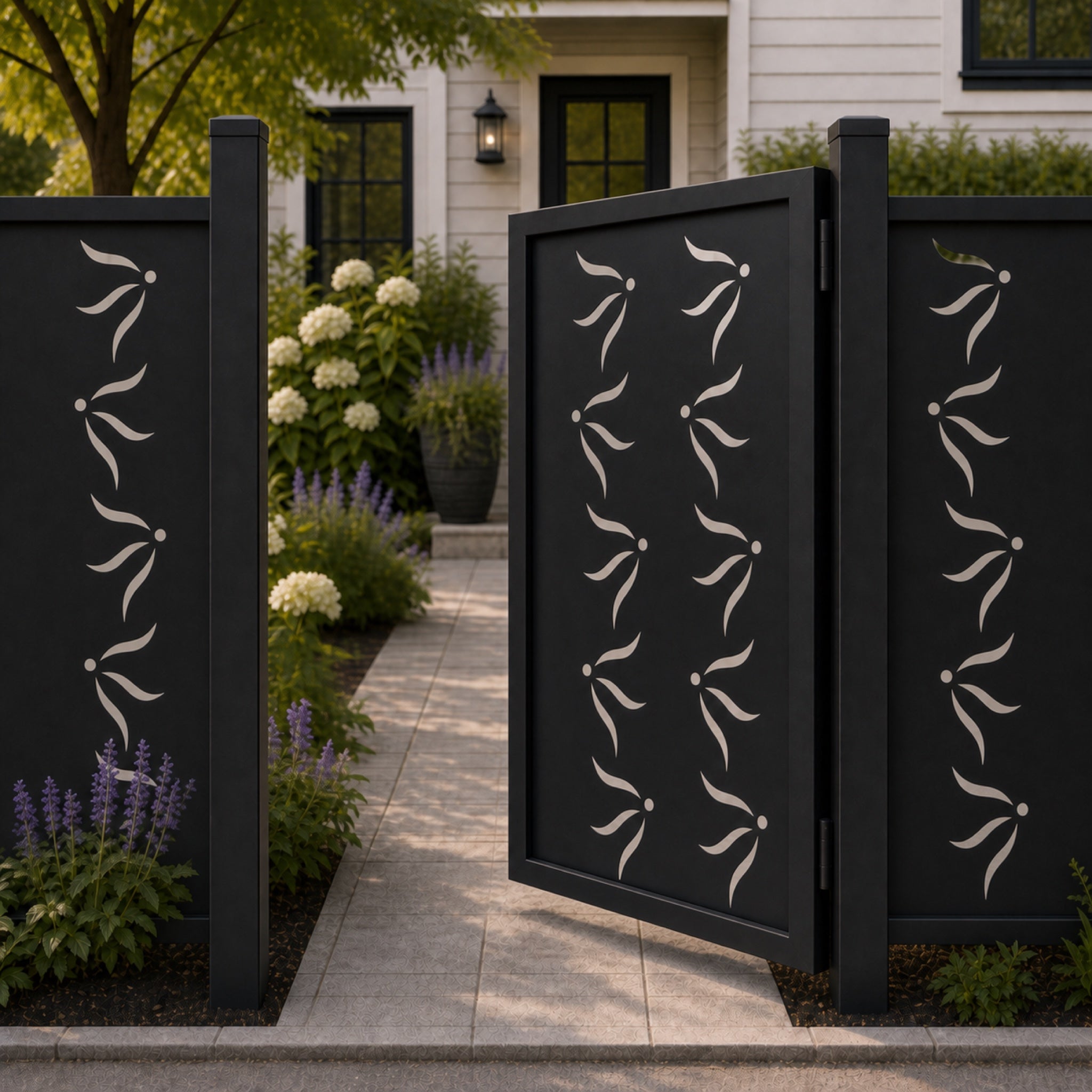 Design 124 triple leaf dot black aluminium side gate open view