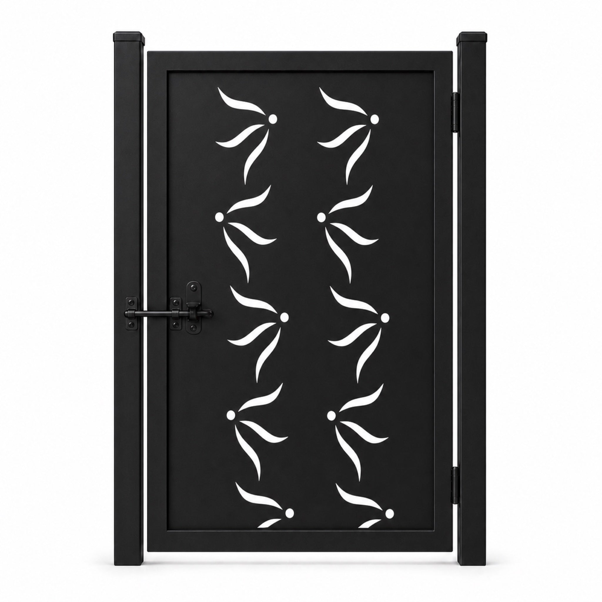 Design 124 triple leaf dot black laser cut metal pedestrian gate closed view