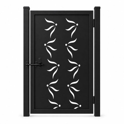 Design 124 triple leaf dot black laser cut metal pedestrian gate closed view