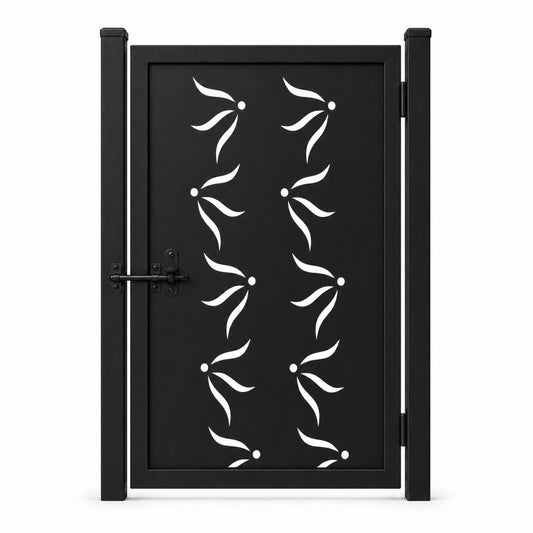 Design 124 triple leaf dot black laser cut metal pedestrian gate closed view