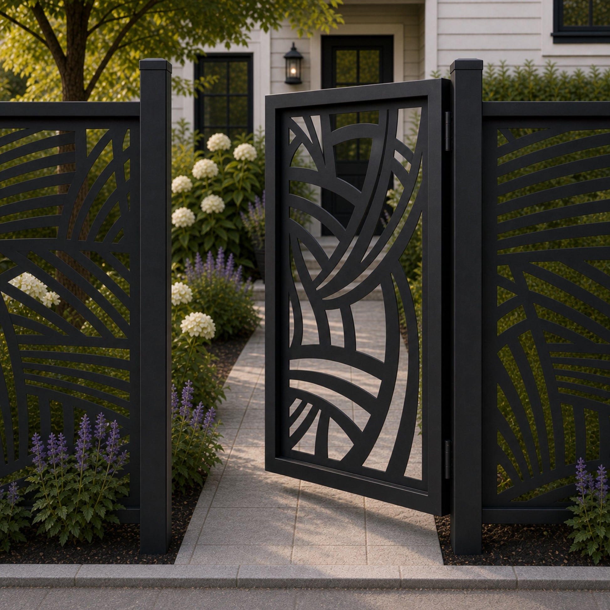 Design 125 abstract large arc band black aluminium side gate open view