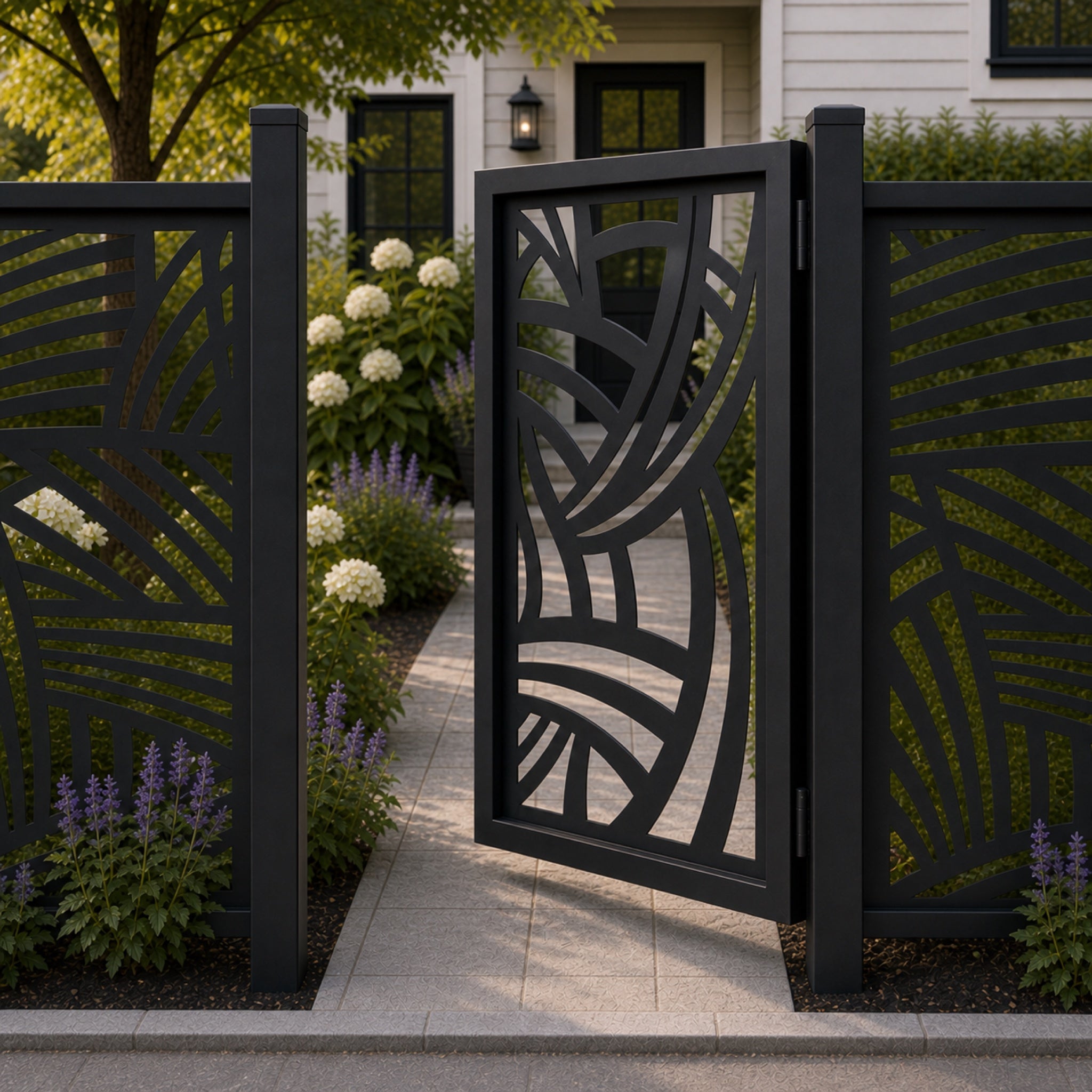 Design 125 abstract large arc band black aluminium side gate open view