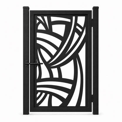 Design 125 abstract large arc band black laser cut metal pedestrian gate closed view