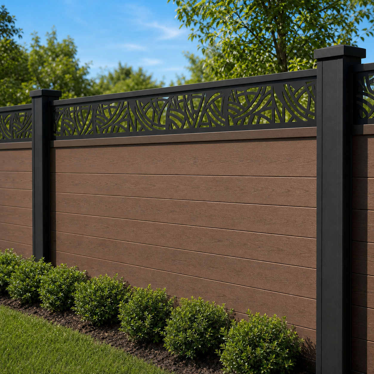 Art Deco Fan Grid laser cut fence extension panel installed on composite fence, angle view, Design 125