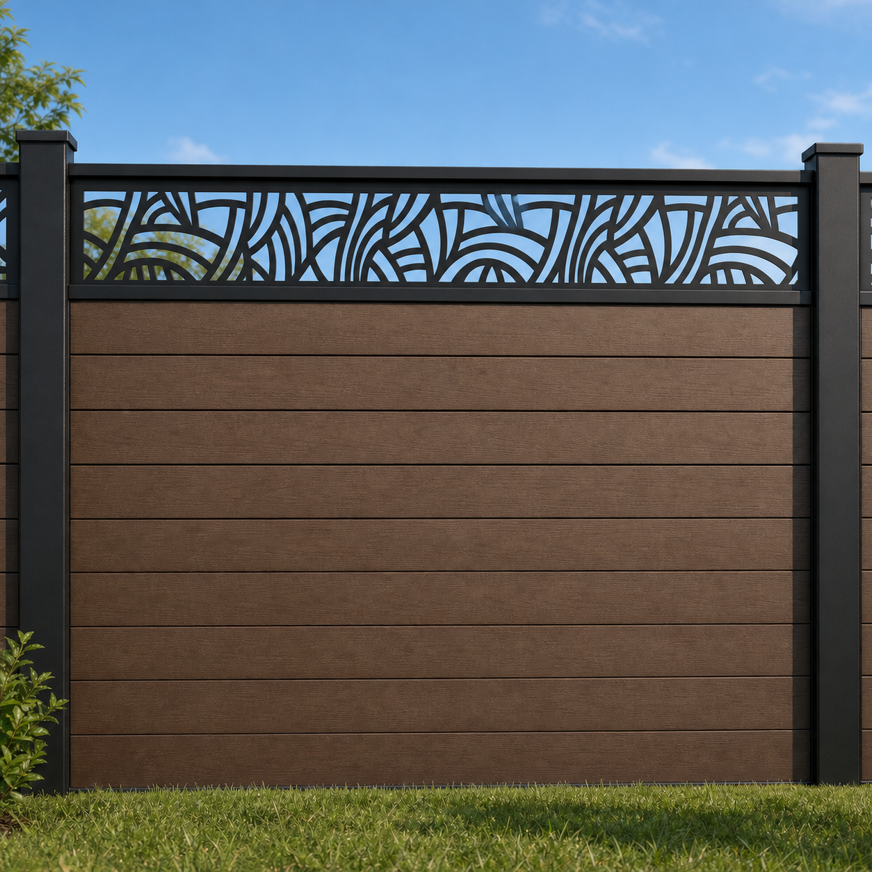 Art Deco Fan Grid metal fence topper installed above WPC composite privacy fence, front view, Design 125
