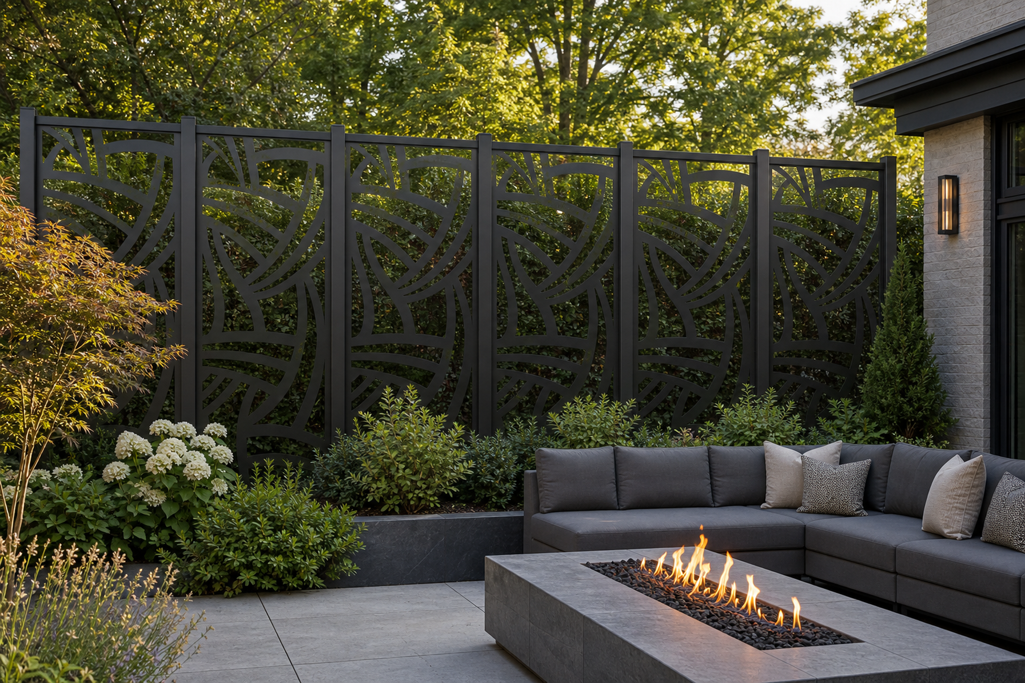 Design 125 Curved Mosaic Laser Cut Metal Privacy Screen Panel installed garden daylight view