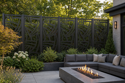 Design 125 Curved Mosaic Laser Cut Metal Privacy Screen Panel installed garden daylight view