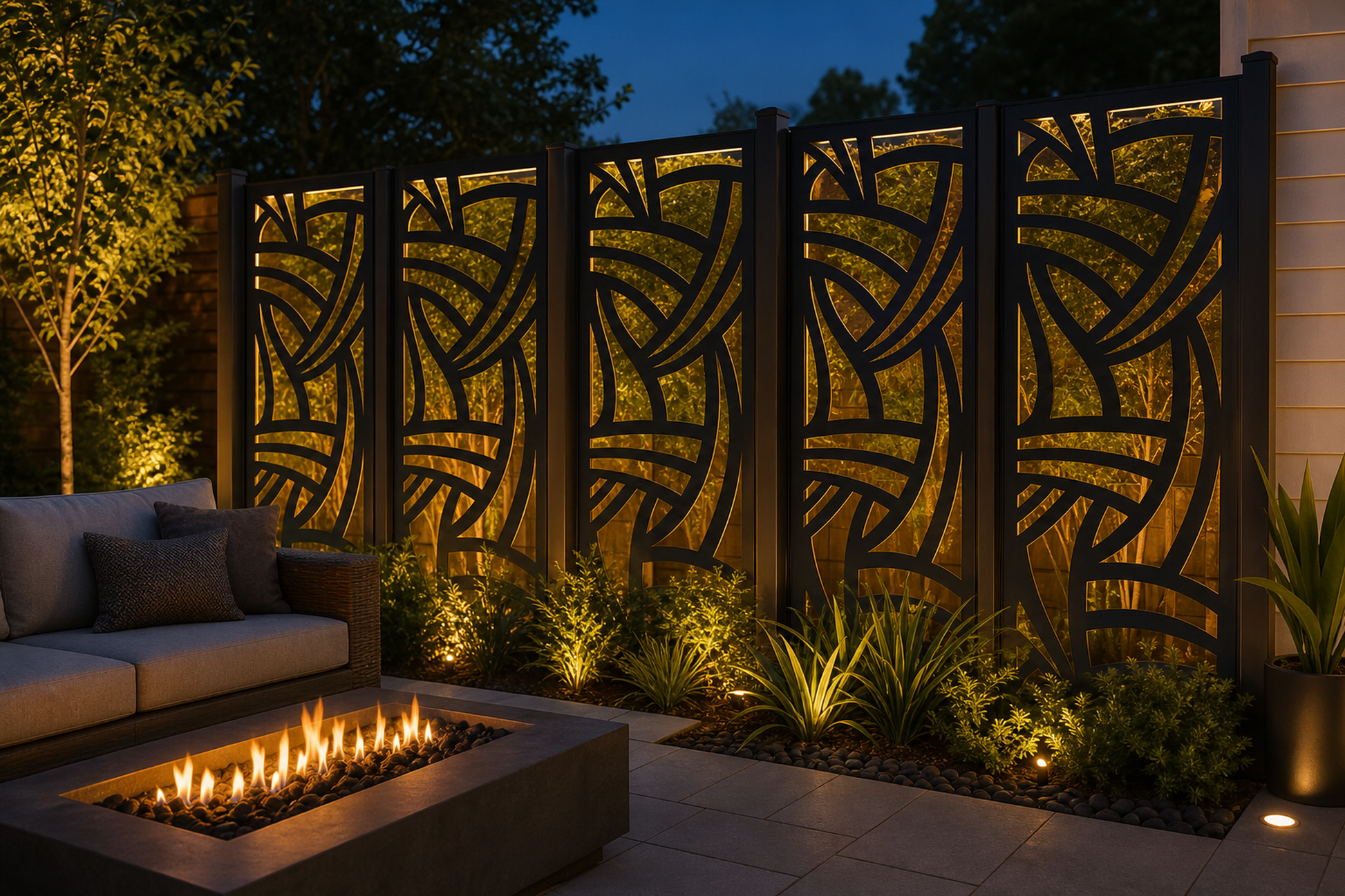Design 125 Curved Mosaic Laser Cut Metal Privacy Screen Panel installed garden night lighting view