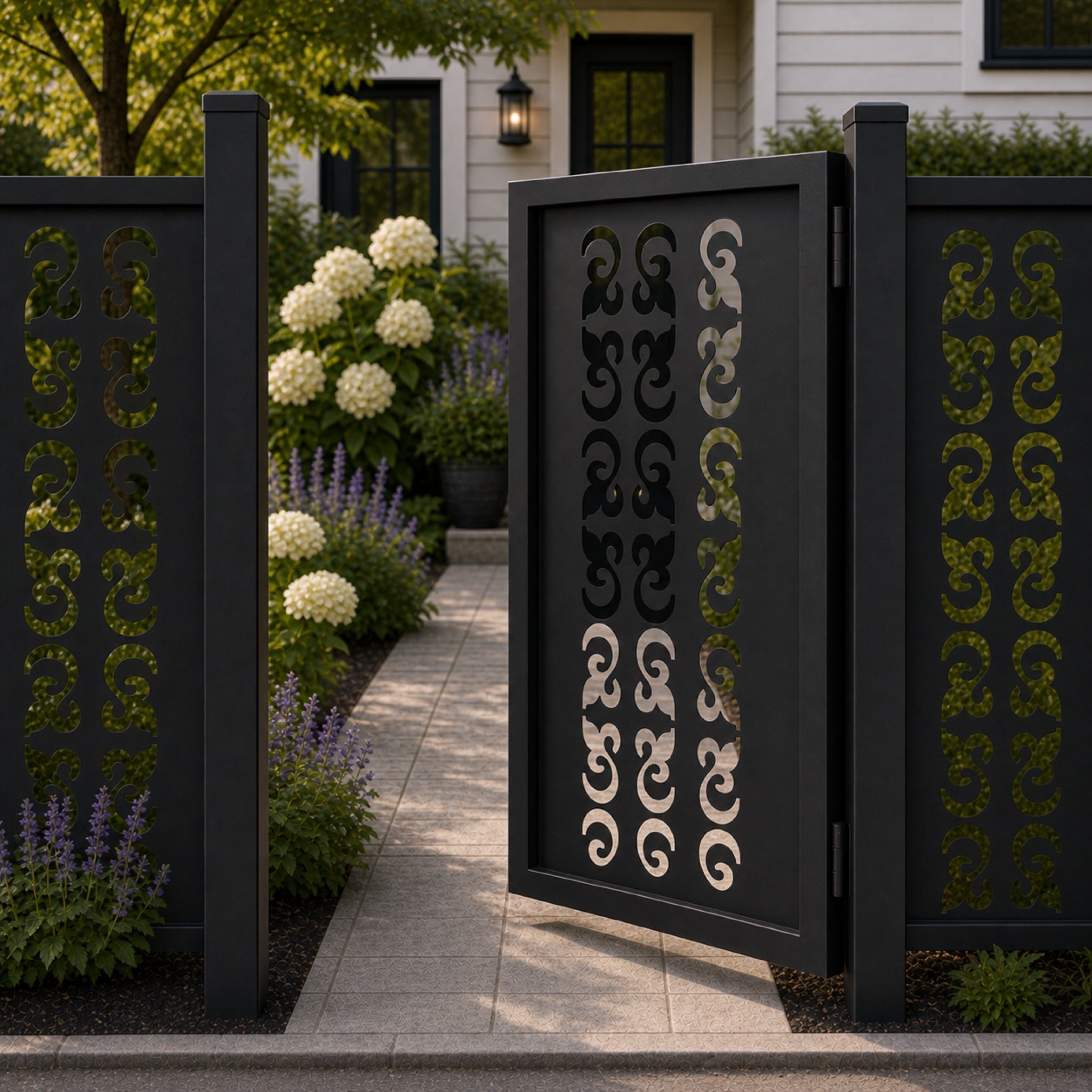 Design 126 double row mirror scrollwork black aluminium side gate open view