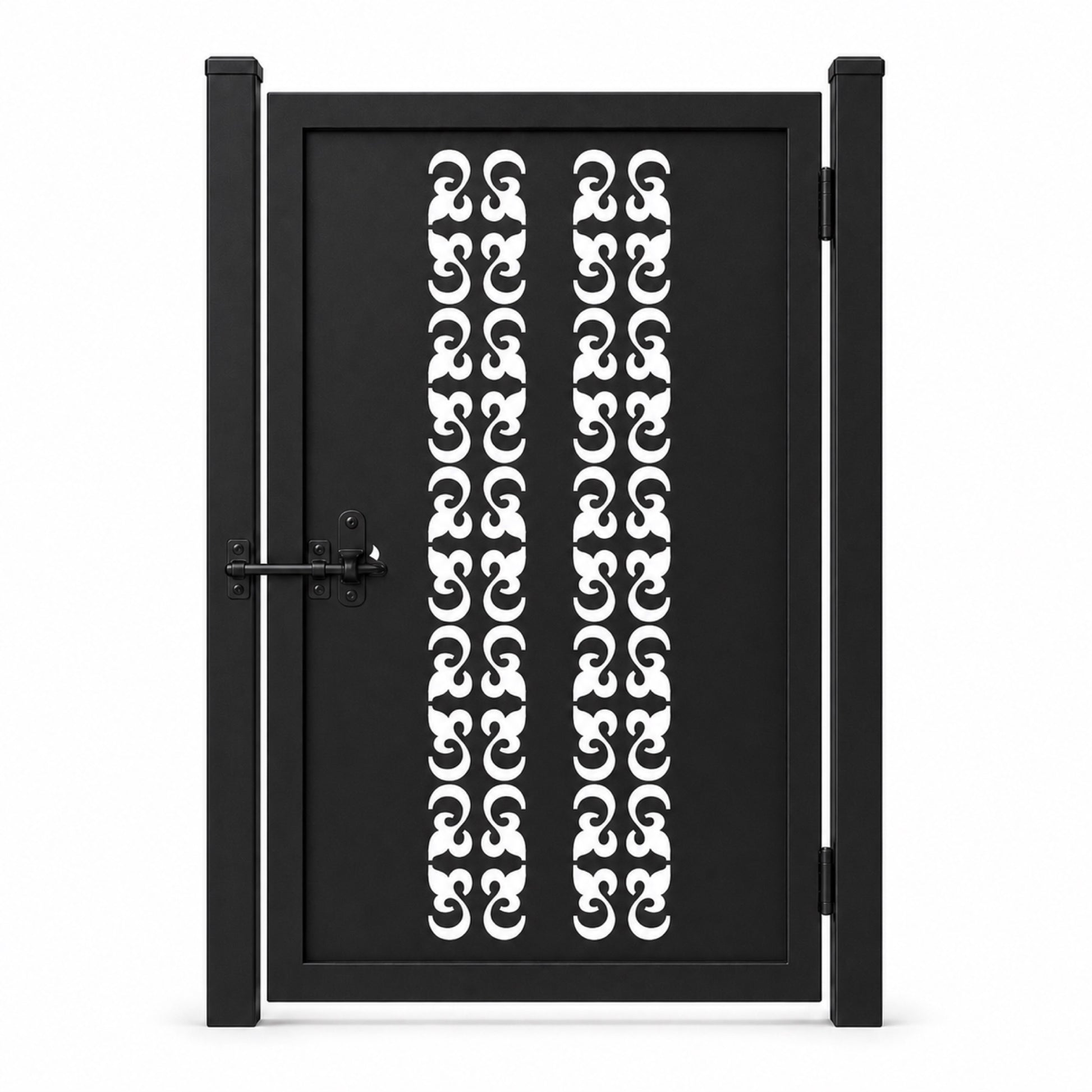 Design 126 double row mirror scrollwork black laser cut metal pedestrian gate closed view