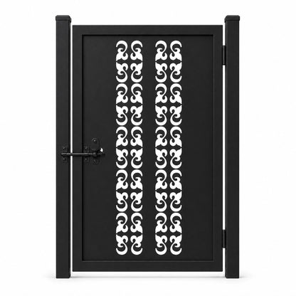 Design 126 double row mirror scrollwork black laser cut metal pedestrian gate closed view