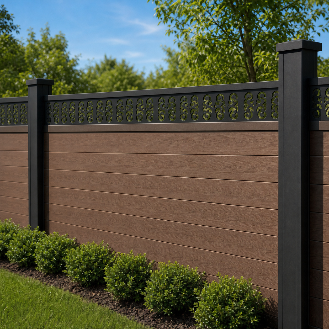 Mini Fleur De Lis Rail laser cut fence extension panel installed on composite fence, angle view, Design 126