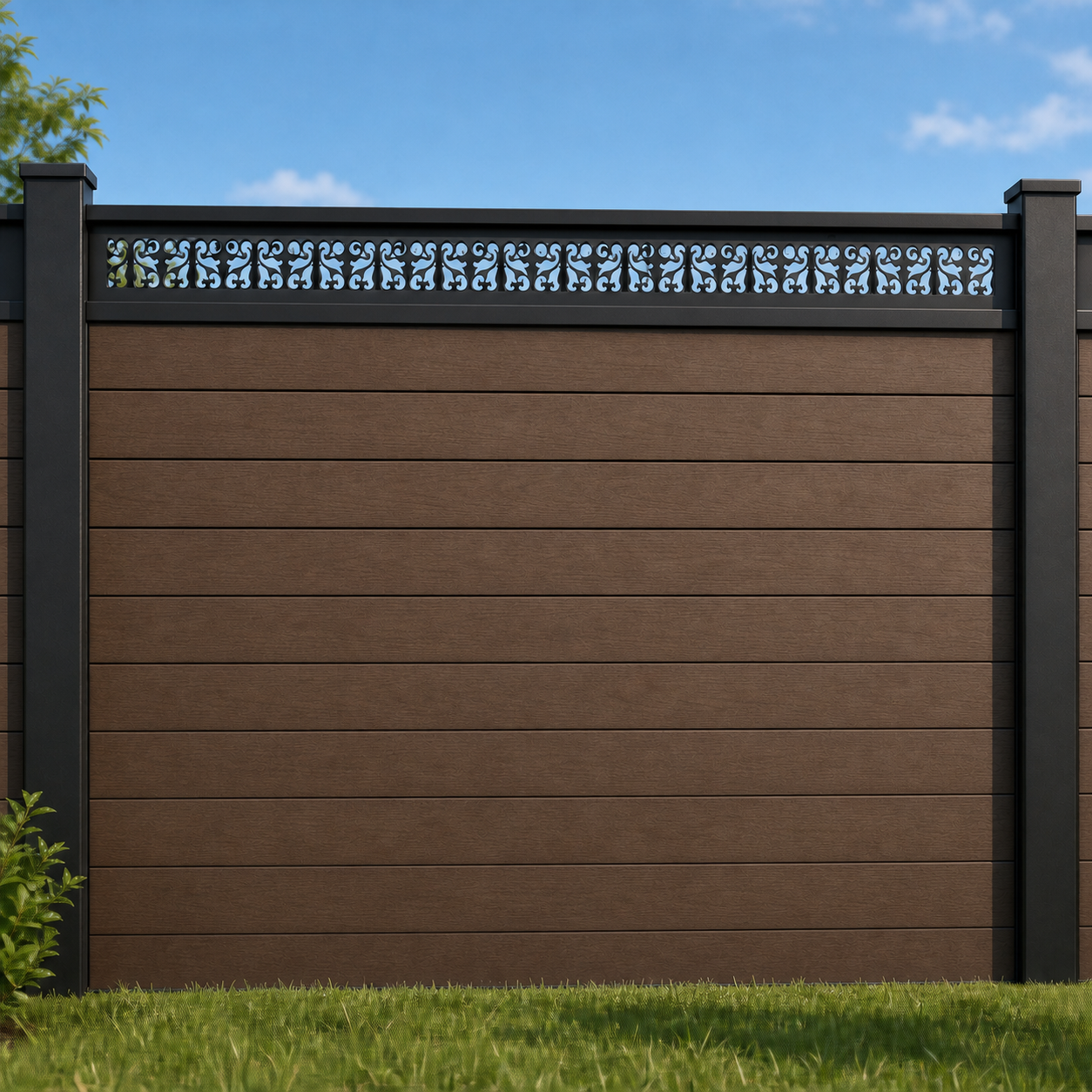 Mini Fleur De Lis Rail metal fence topper installed above WPC composite privacy fence, front view, Design 126