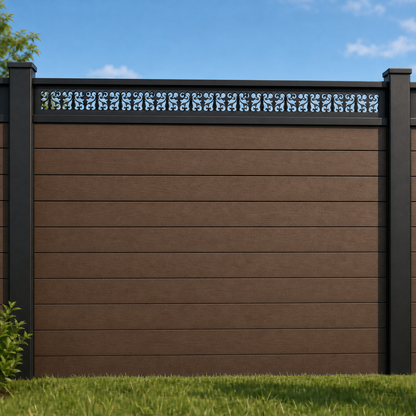 Mini Fleur De Lis Rail metal fence topper installed above WPC composite privacy fence, front view, Design 126