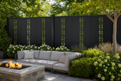 Design 126 Narrow Scroll Chain Laser Cut Metal Privacy Screen Panel installed garden daylight view