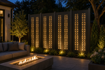 Design 126 Narrow Scroll Chain Laser Cut Metal Privacy Screen Panel installed garden night lighting view