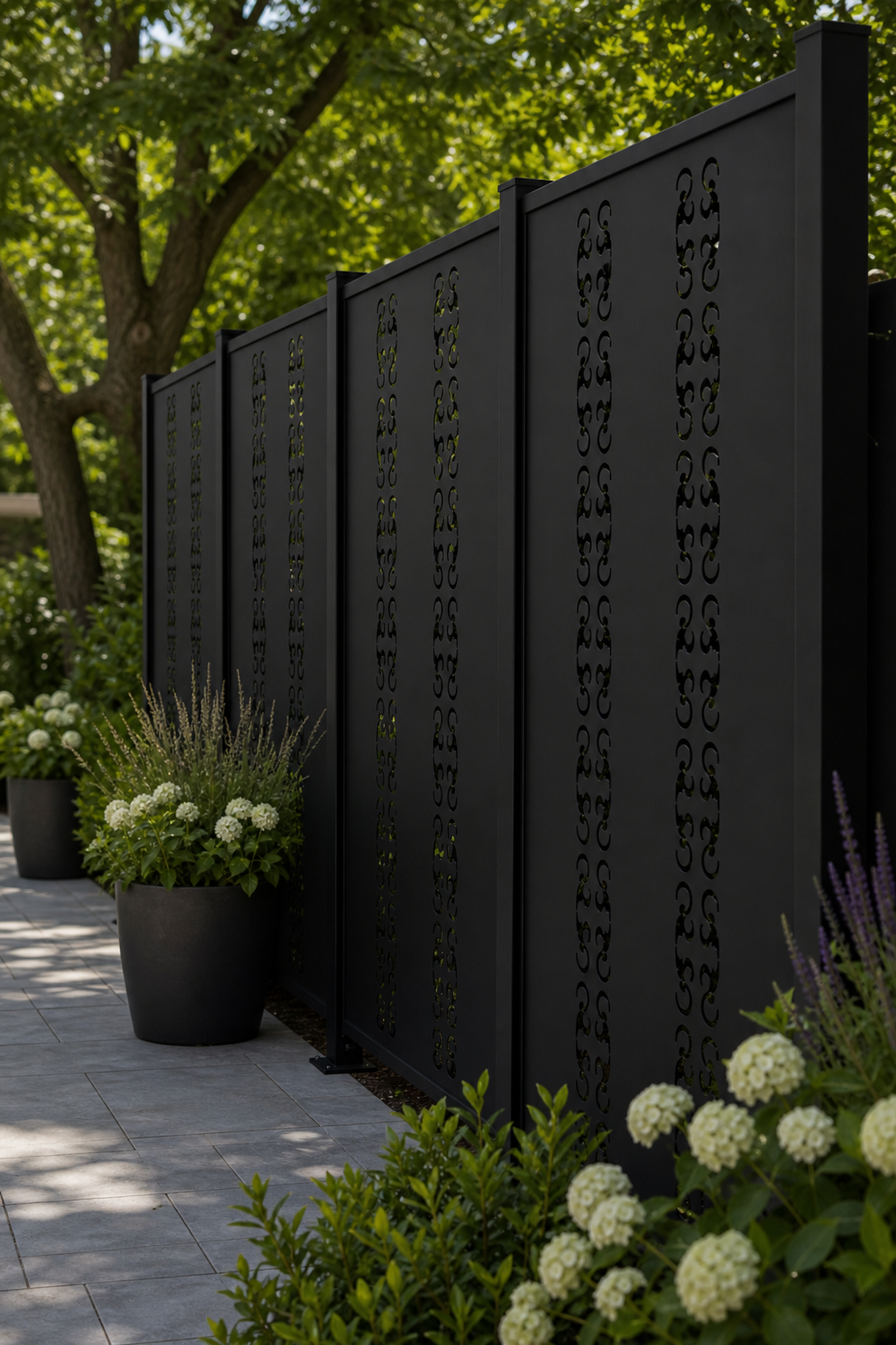 Design 126 Narrow Scroll Chain Laser Cut Metal Privacy Screen Panel oblique angle view