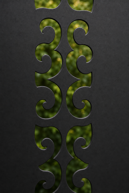 Design 126 Narrow Scroll Chain Laser Cut Metal Privacy Screen Panel close-up detail view