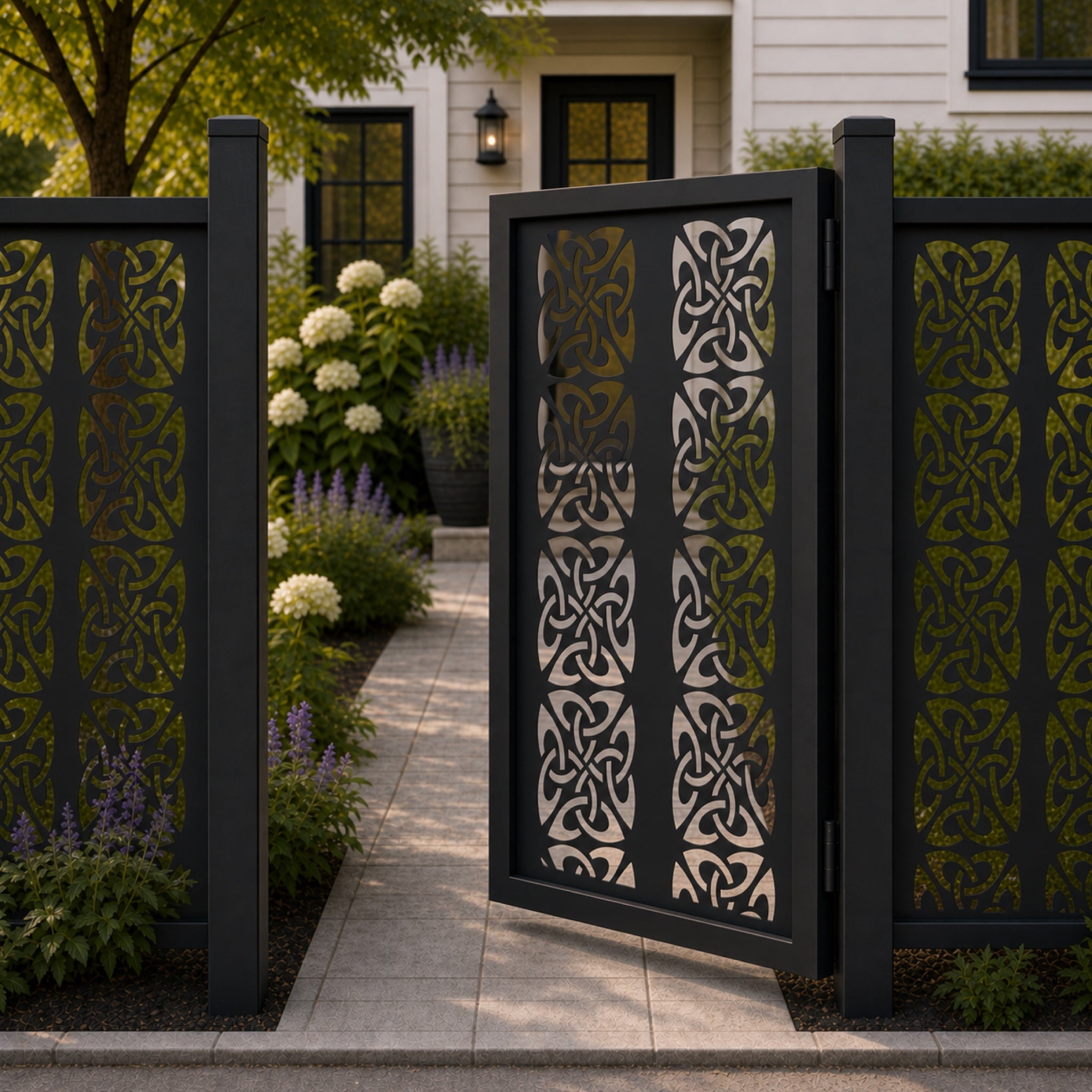 Design 127 celtic four leaf knot black aluminium side gate open view
