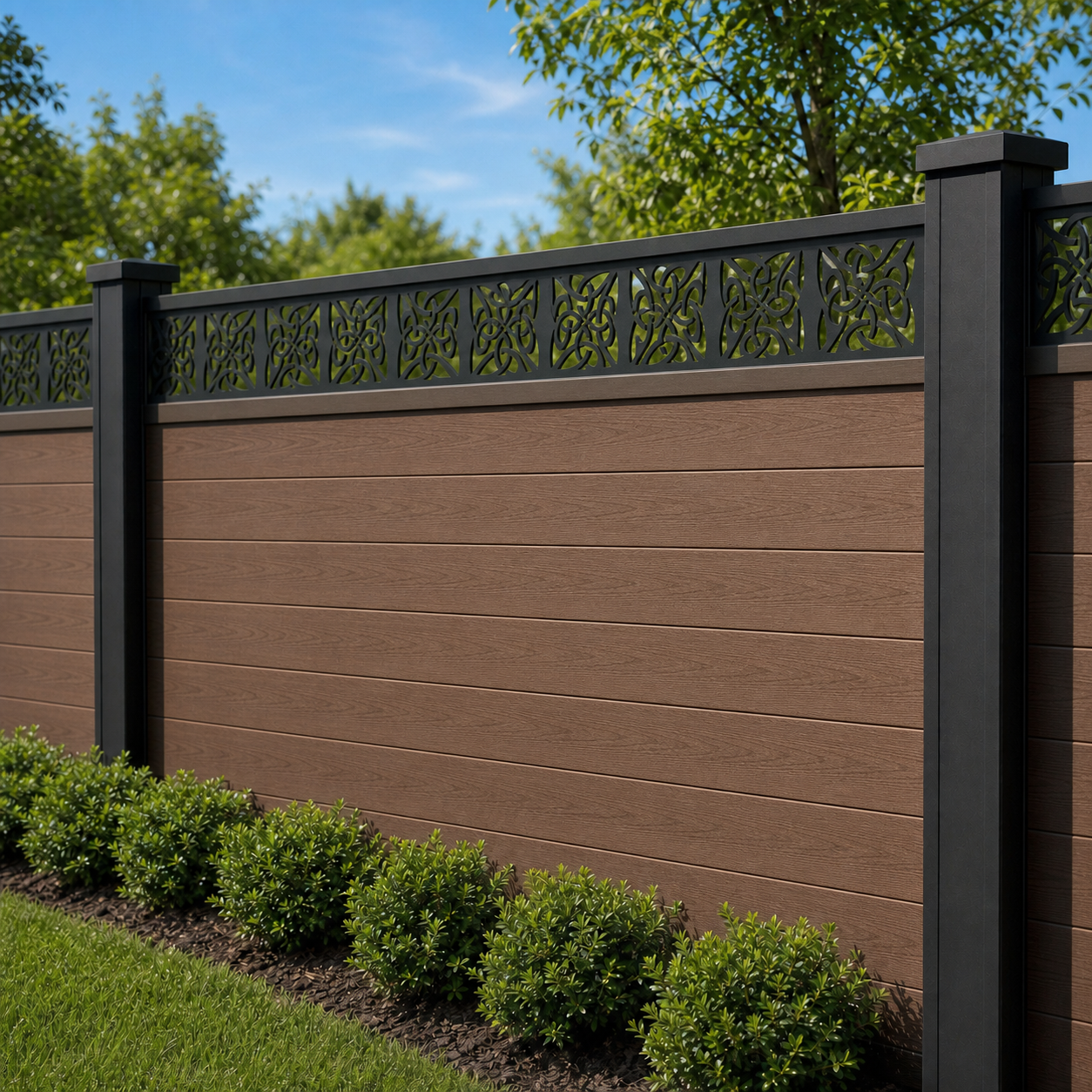 Crystal Diamond Mesh laser cut fence extension panel installed on composite fence, angle view, Design 127