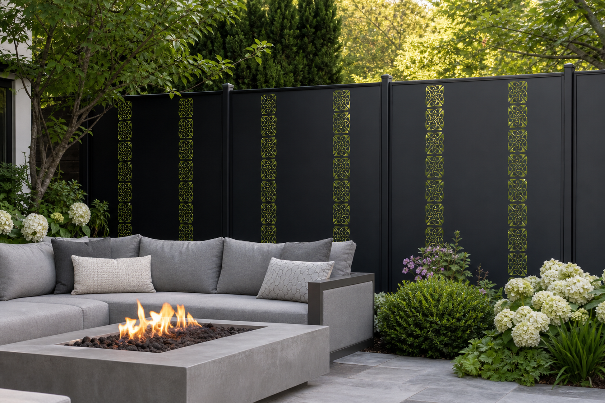 Design 127 Floral Tile Stack Laser Cut Metal Privacy Screen Panel installed garden daylight view