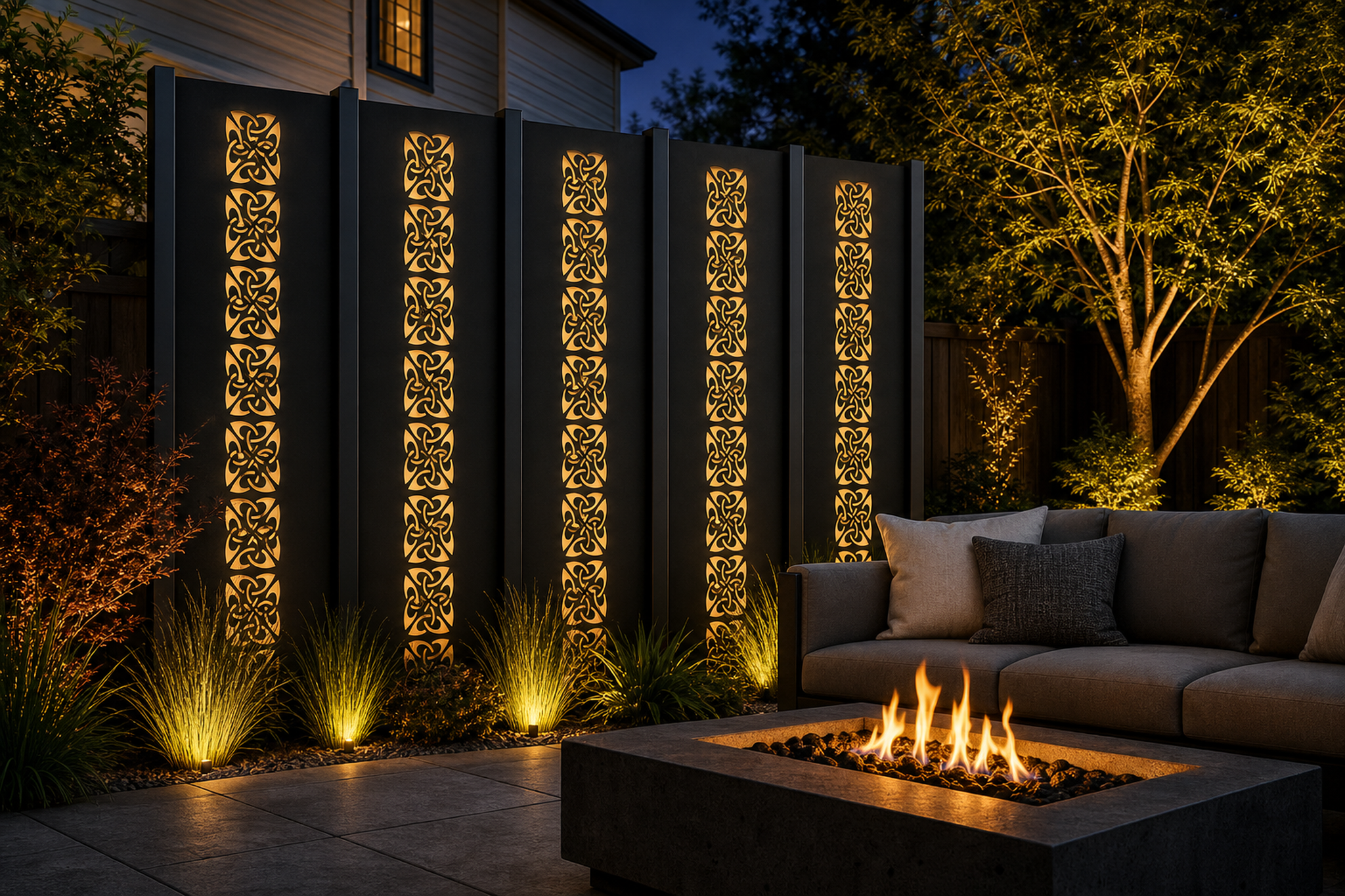 Design 127 Floral Tile Stack Laser Cut Metal Privacy Screen Panel installed garden night lighting view