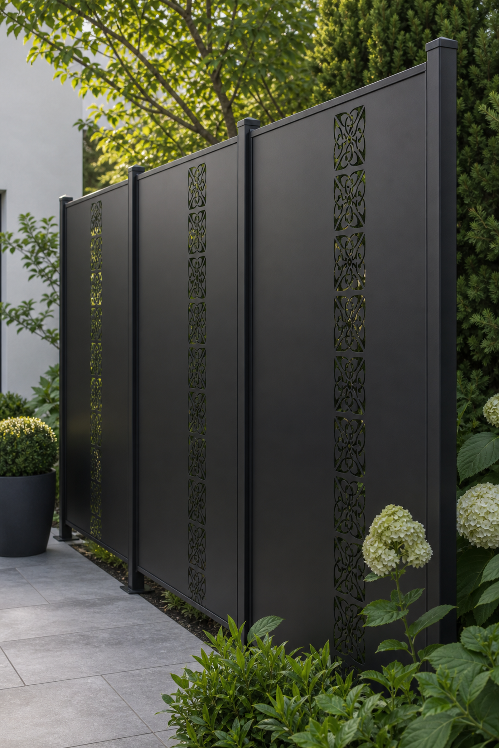 Design 127 Floral Tile Stack Laser Cut Metal Privacy Screen Panel oblique angle view