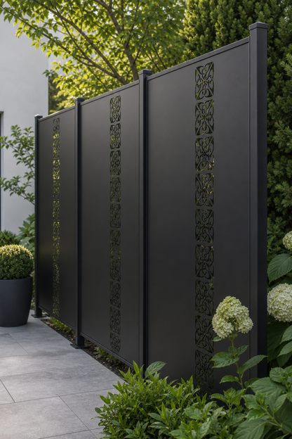 Design 127 Floral Tile Stack Laser Cut Metal Privacy Screen Panel oblique angle view