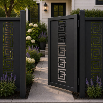 Design 128 greek key black aluminium side gate open view