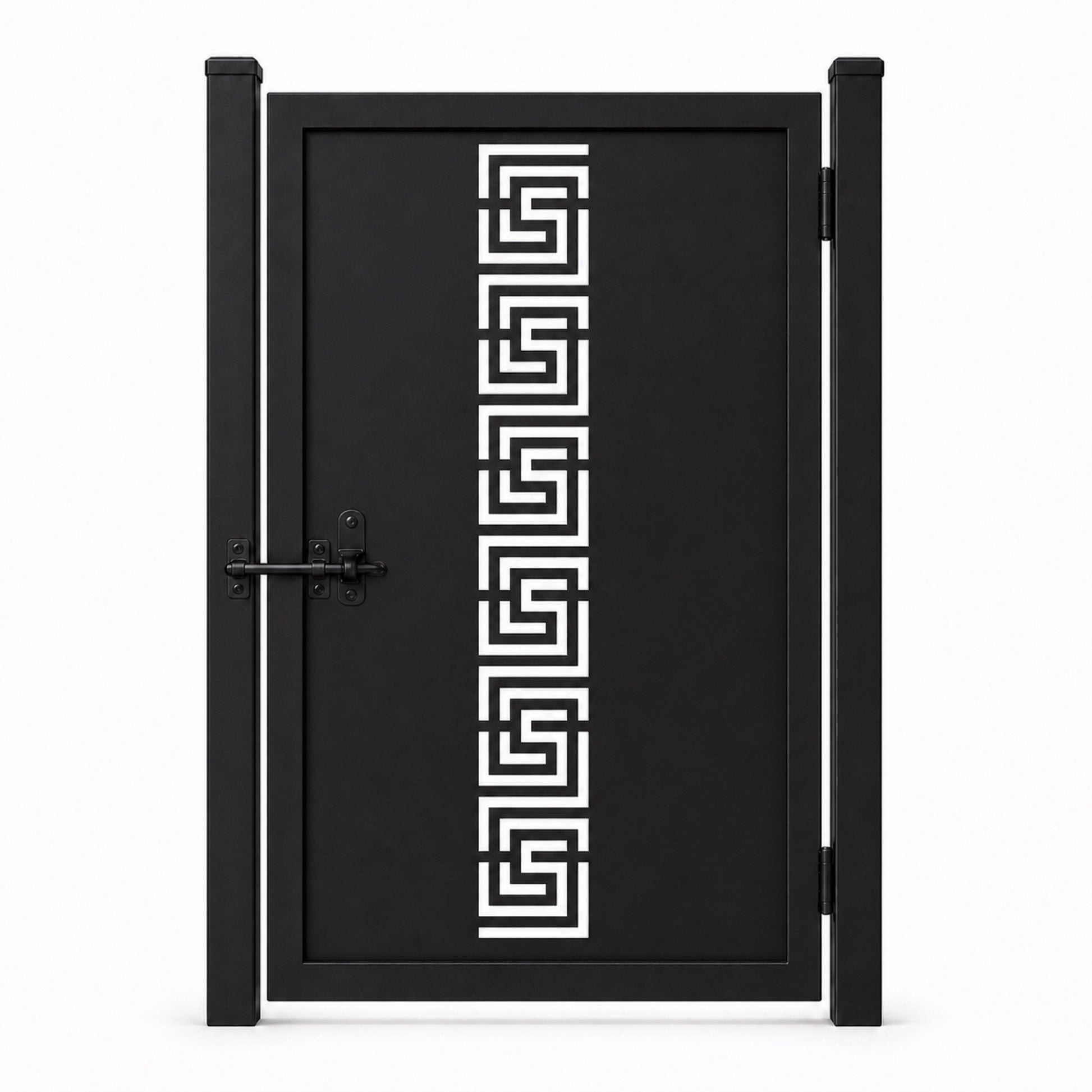 Design 128 greek key black laser cut metal pedestrian gate closed view