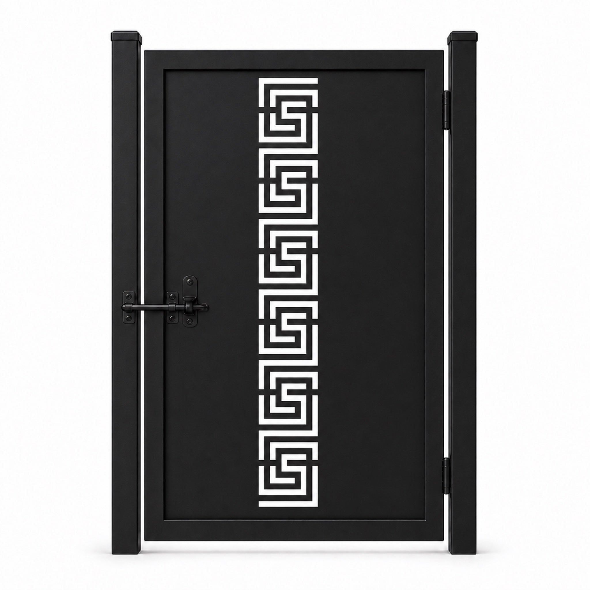 Design 128 greek key black laser cut metal pedestrian gate closed view