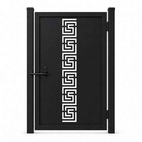Design 128 greek key black laser cut metal pedestrian gate closed view