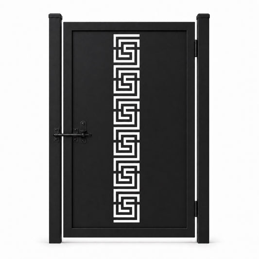 Design 128 greek key black laser cut metal pedestrian gate closed view