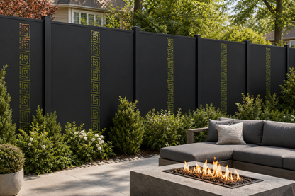 Design 128 Greek Key Runner Laser Cut Metal Privacy Screen Panel installed garden daylight view