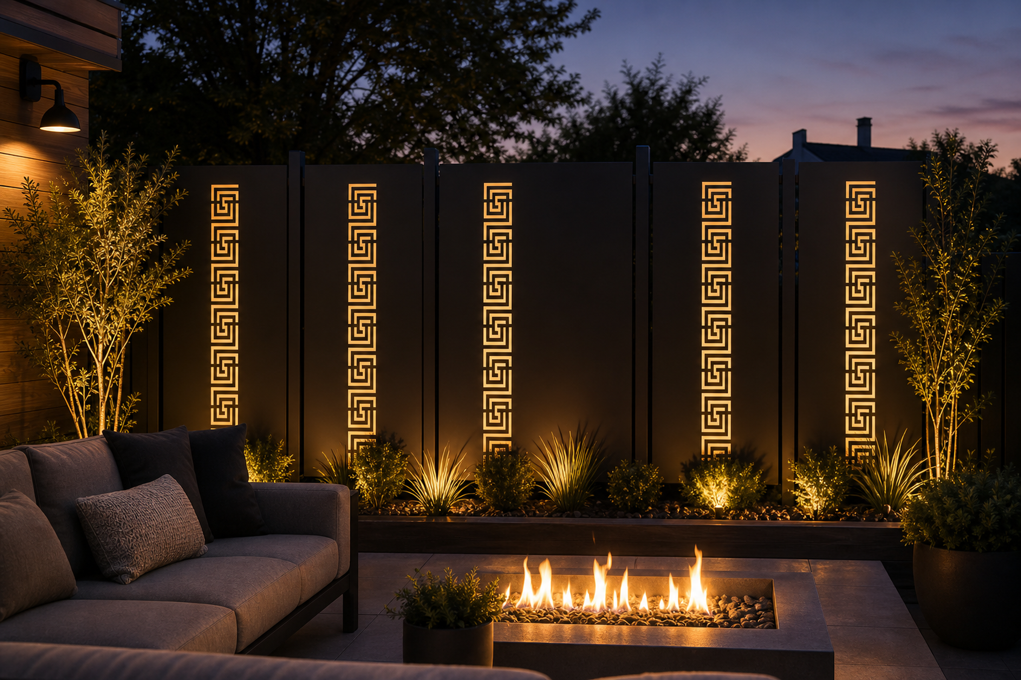 Design 128 Greek Key Runner Laser Cut Metal Privacy Screen Panel installed garden night lighting view