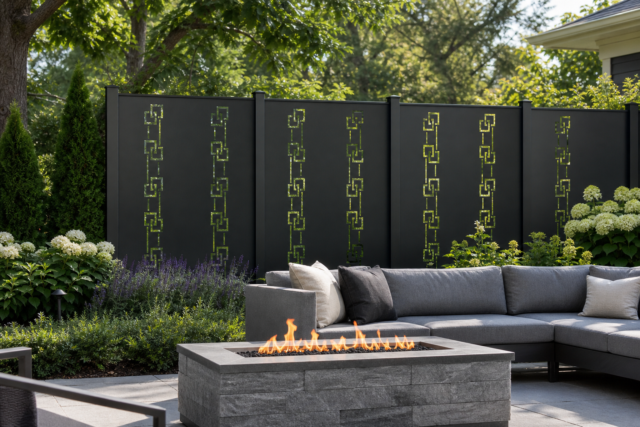Design 129 Linked Squares Laser Cut Metal Privacy Screen Panel installed garden daylight view