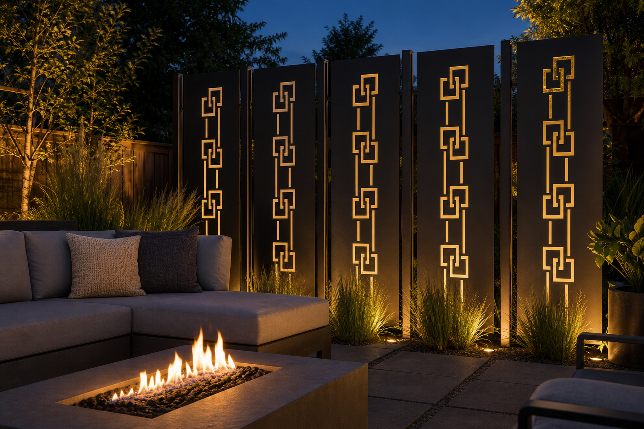 Design 129 Linked Squares Laser Cut Metal Privacy Screen Panel installed garden night lighting view