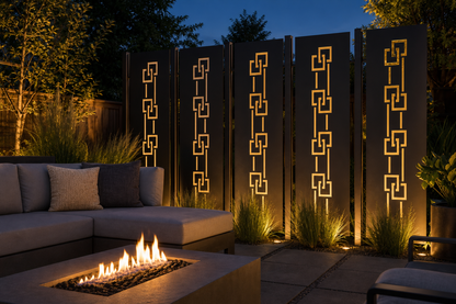 Design 129 Linked Squares Laser Cut Metal Privacy Screen Panel installed garden night lighting view