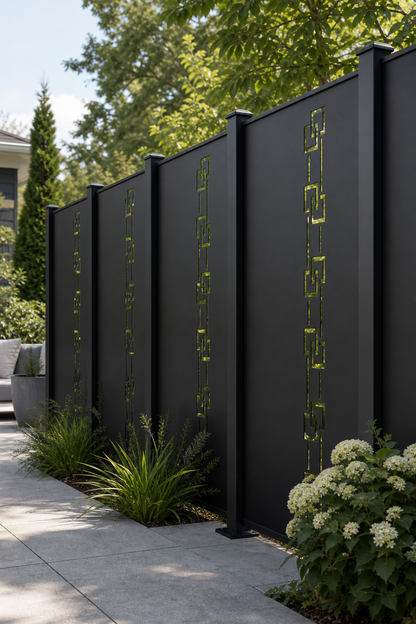 Design 129 Linked Squares Laser Cut Metal Privacy Screen Panel oblique angle view