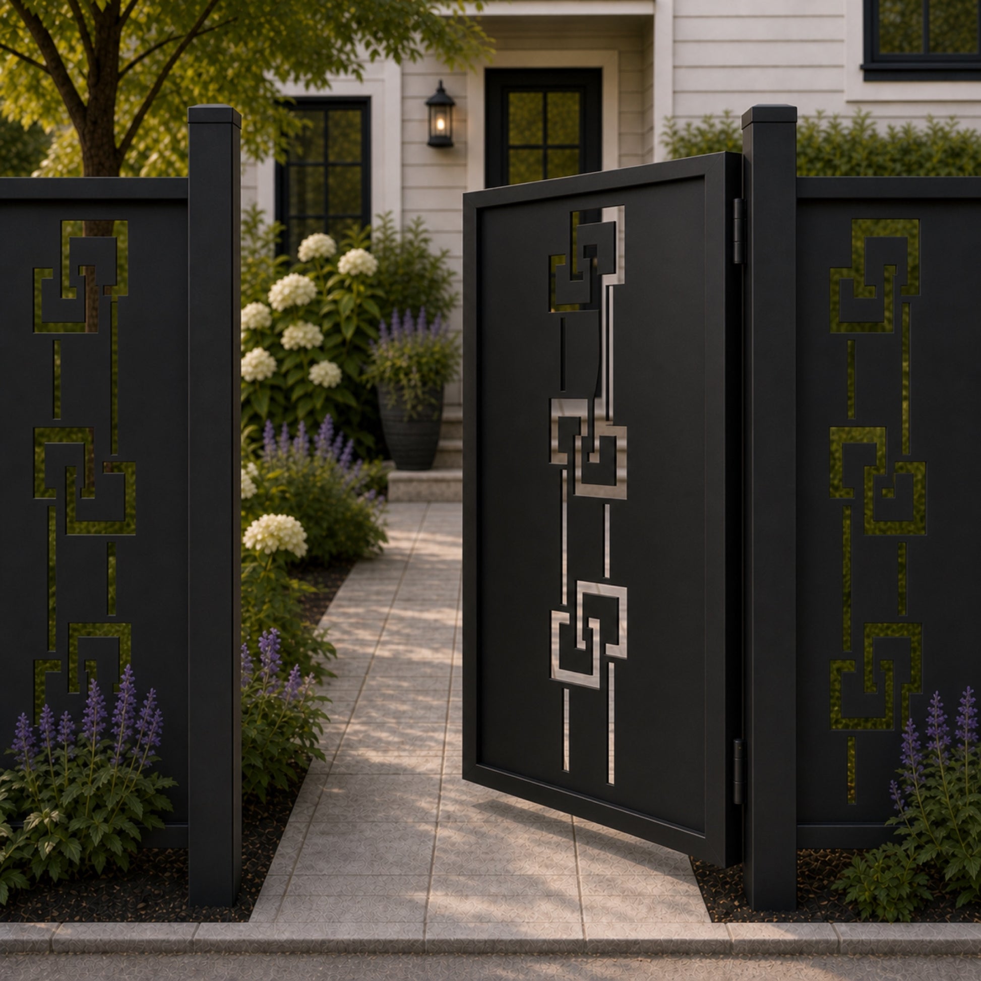Design 129 offset square chain black aluminium side gate open view
