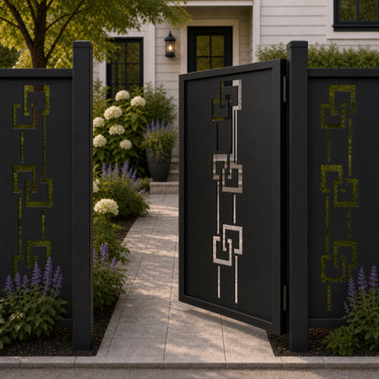 Design 129 offset square chain black aluminium side gate open view