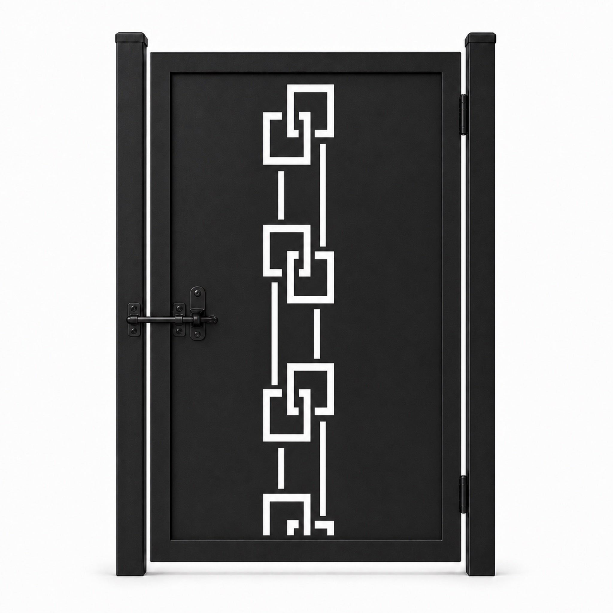 Design 129 offset square chain black laser cut metal pedestrian gate closed view