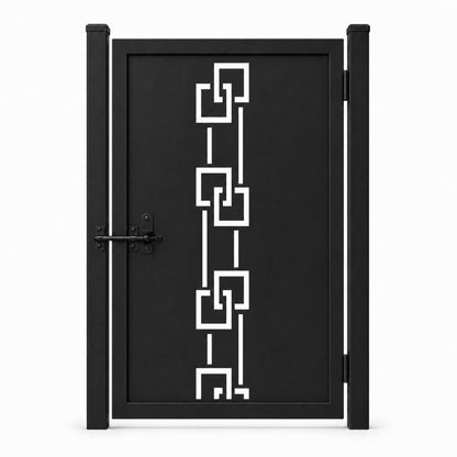 Design 129 offset square chain black laser cut metal pedestrian gate closed view