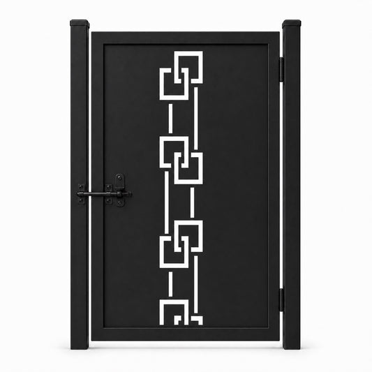 Design 129 offset square chain black laser cut metal pedestrian gate closed view