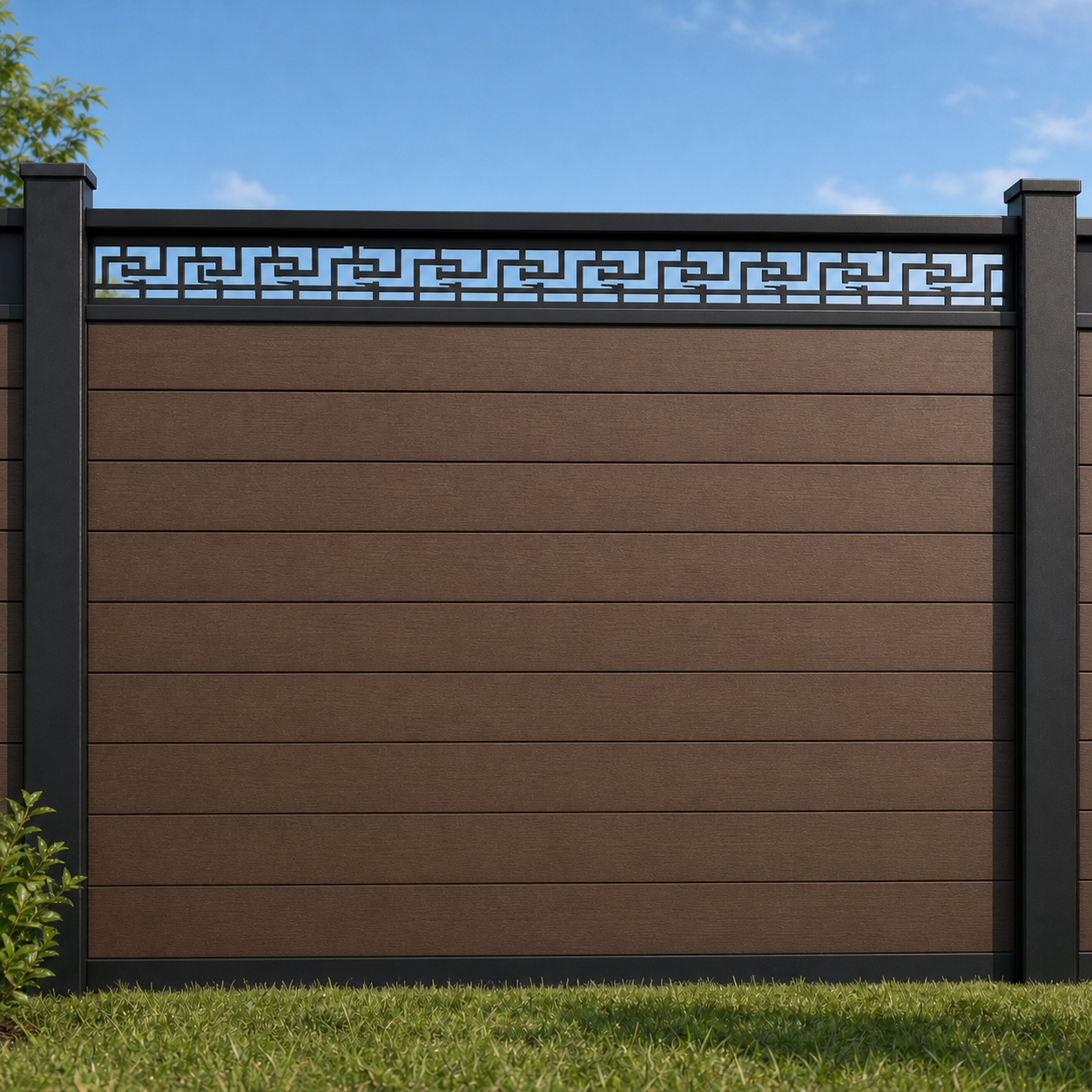 Step Key Border metal fence topper installed above WPC composite privacy fence, front view, Design 129