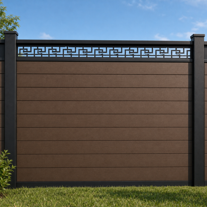 Step Key Border metal fence topper installed above WPC composite privacy fence, front view, Design 129