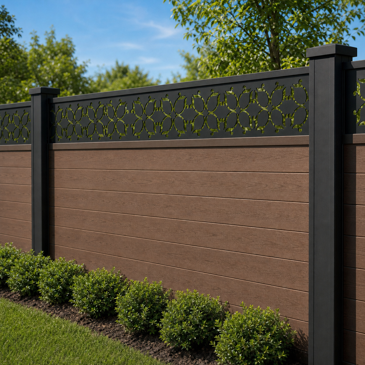 Diamond Star Mesh laser cut fence extension panel installed on composite fence, angle view, Design 130